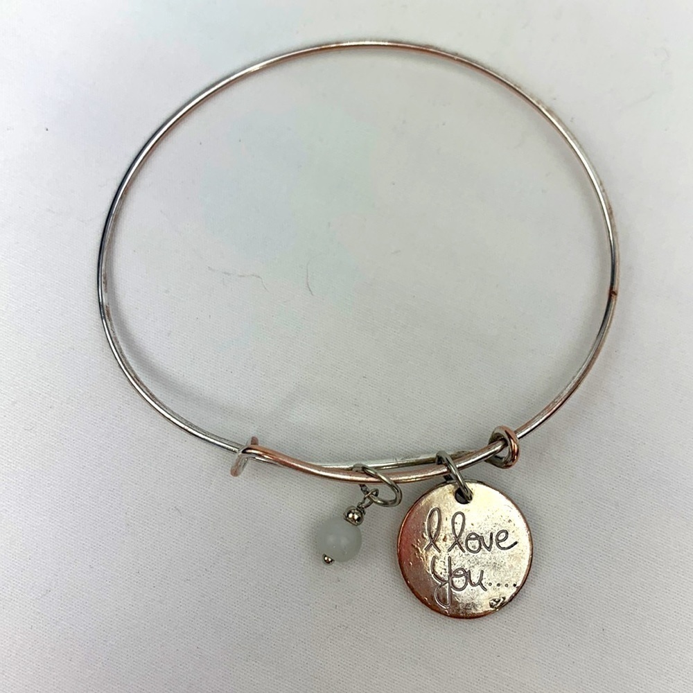 I Love You Charm Bracelet With Small Pearlised Bead Charm - Silver